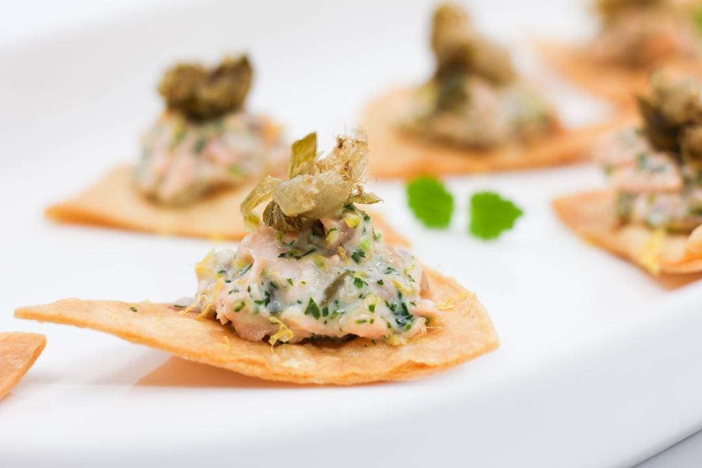 canapes; New to the menu // slow roasted salmon, corn tortilla, lemon remoulade, crispy capers