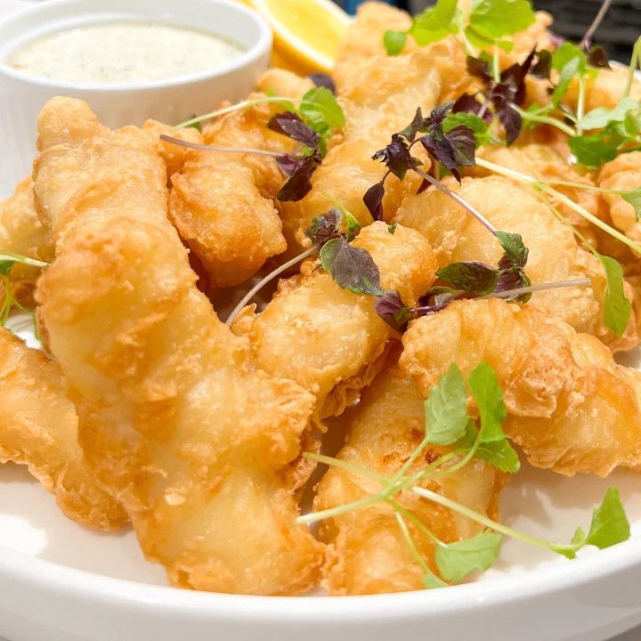 Flathead goujons with dill tartare sauce; chrismtas party food