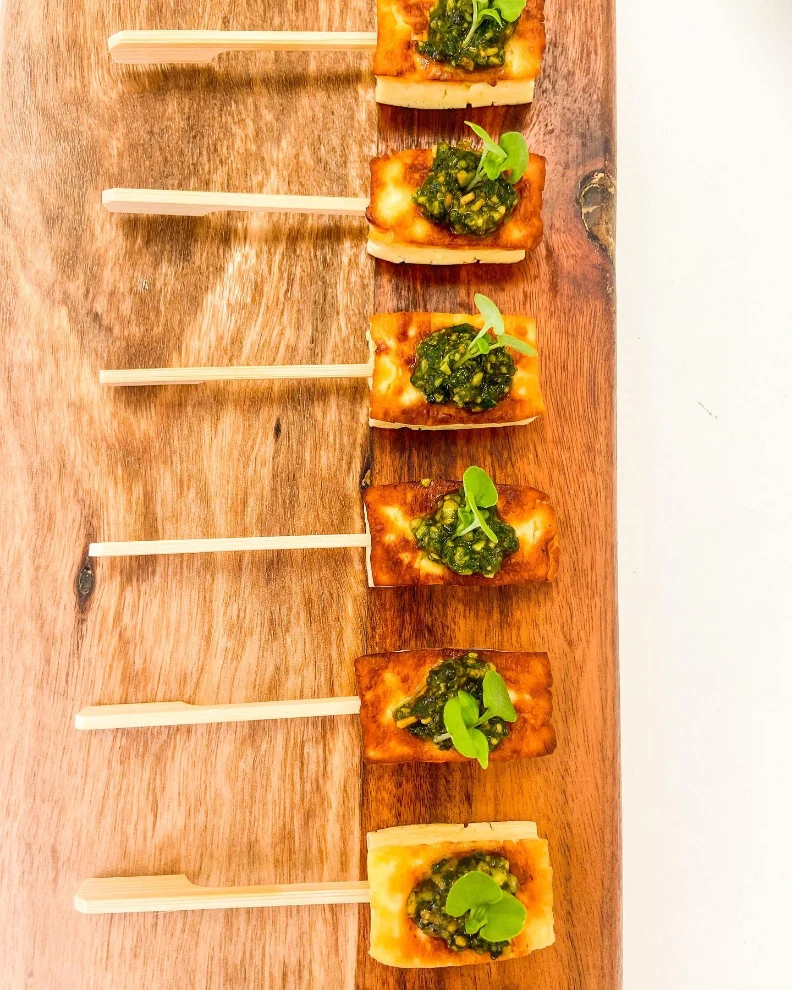 Pan fried haloumi, pine nut pesto